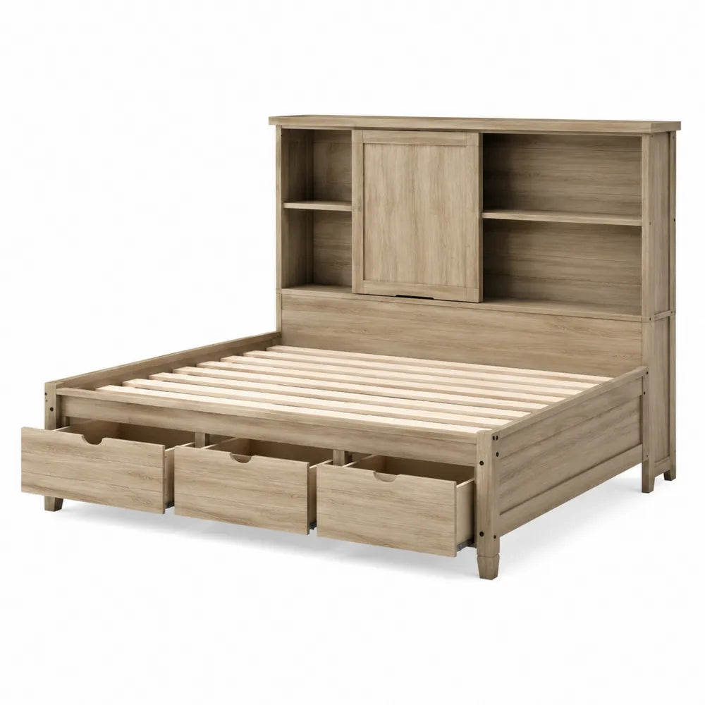Letto in legno di rovere con cassetti e libreria 200x160 cm