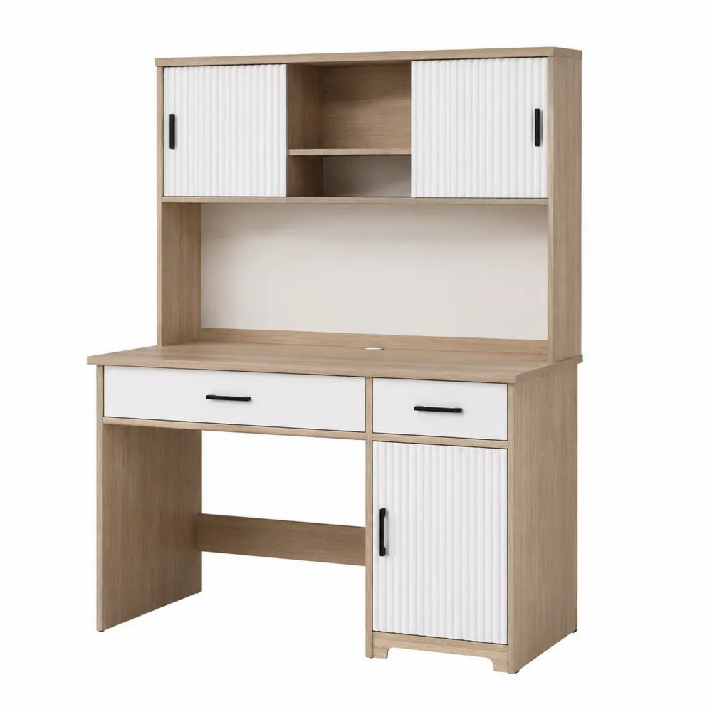 Scrivania in Legno MDF con Ripiani e Ante Bianco Naturale