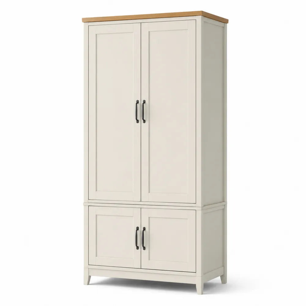 Armadio in MDF bianco con piano effetto legno e 4 ante