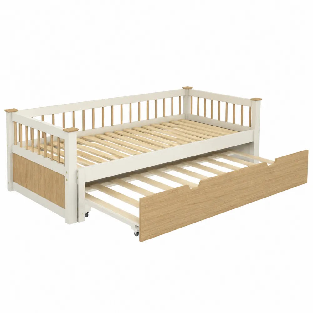 Letto singolo con estraibile in legno bianco e rovere