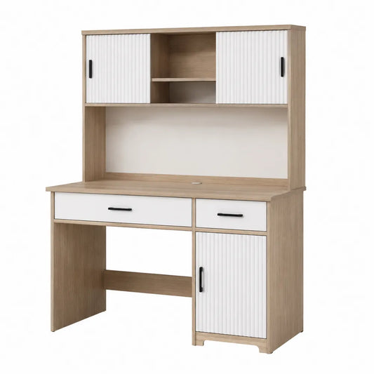 Scrivania in Legno MDF con Ripiani e Ante Bianco Naturale