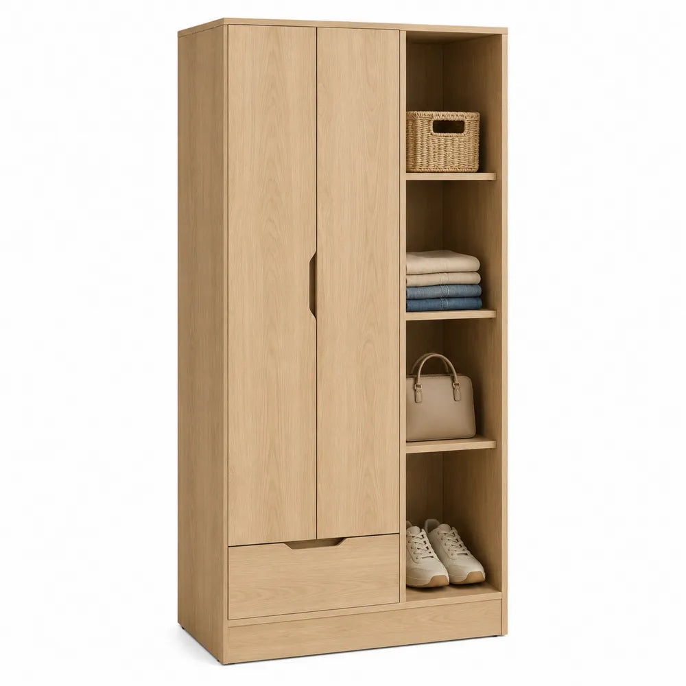 Armadio in legno rovere chiaro con cassetto e ripiani