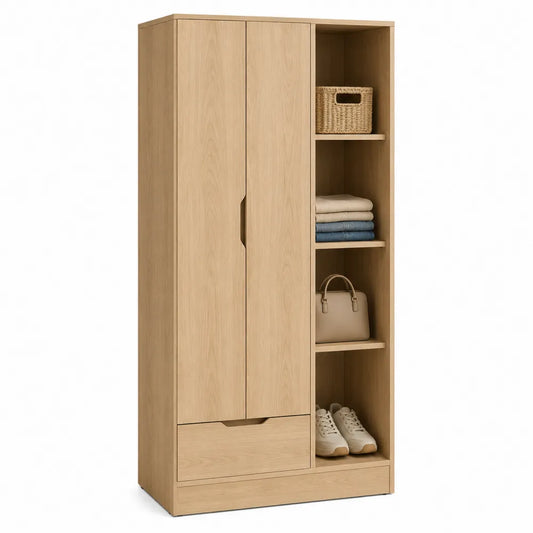 Armadio in legno rovere chiaro con cassetto e ripiani