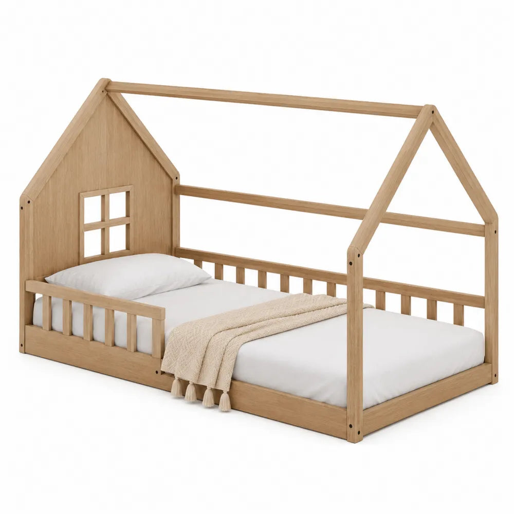 Letto per bambini a forma di casetta in legno chiaro 200x90 cm