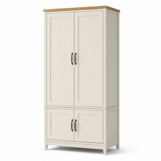 Armadio in MDF bianco con piano effetto legno e 4 ante
