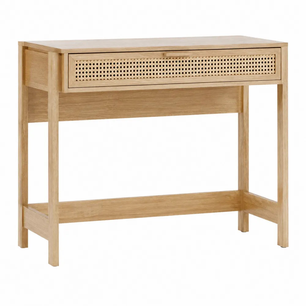 Scrivania in legno con cassetto in rattan