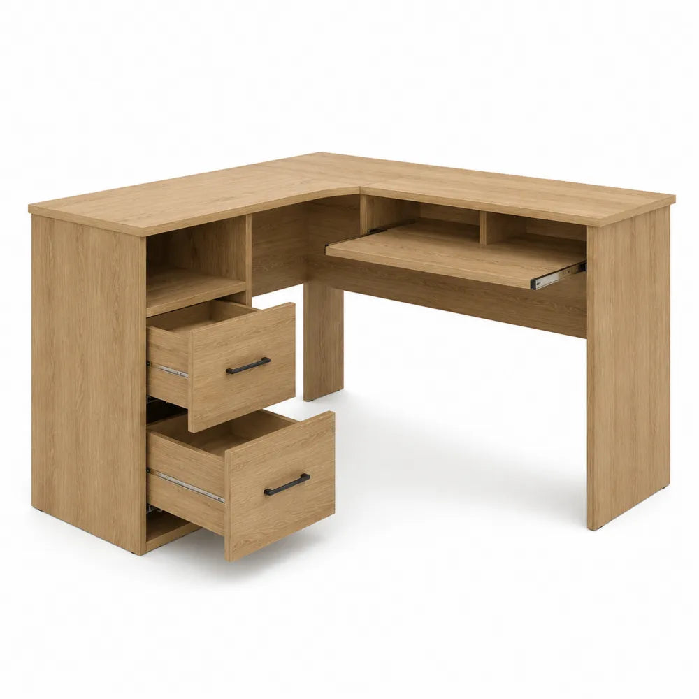 Scrivania angolare in legno con cassetti, finitura rovere chiaro