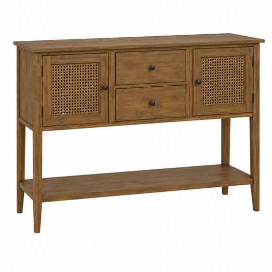 Consolle in legno massello con ante in rattan