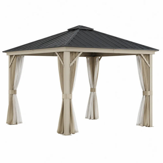 Gazebo da Giardino in Alluminio con Tetto in Acciaio e Tendaggi in Poliestere Beige e Grigio