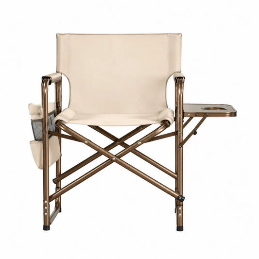 Sedia pieghevole in alluminio e tessuto poliestere beige con tavolino incorporato