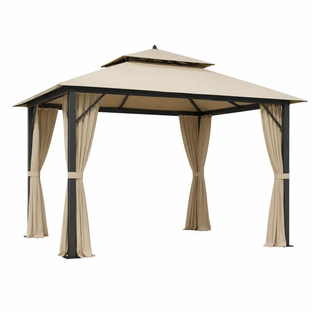 Gazebo in Metallo con Tettuccio Doppio e Tende in Poliestere Beige 3x3m
