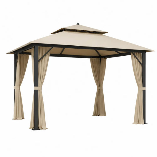 Gazebo in Metallo con Tettuccio Doppio e Tende in Poliestere Beige 3x3m