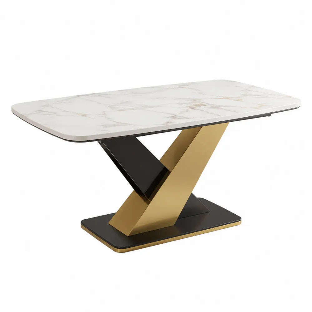 Tavolo da pranzo in marmo bianco con base in metallo oro e nero 180x90x75 cm